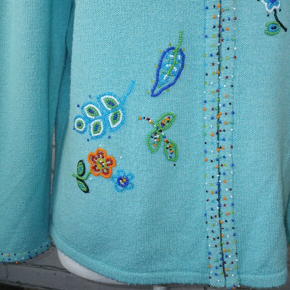 NORTHERN ISLES CARDIGAN SWEATER CHEYENNE BLUE BEADED FLOWERS WOMENS MEDIUM - Picture 3 of 9